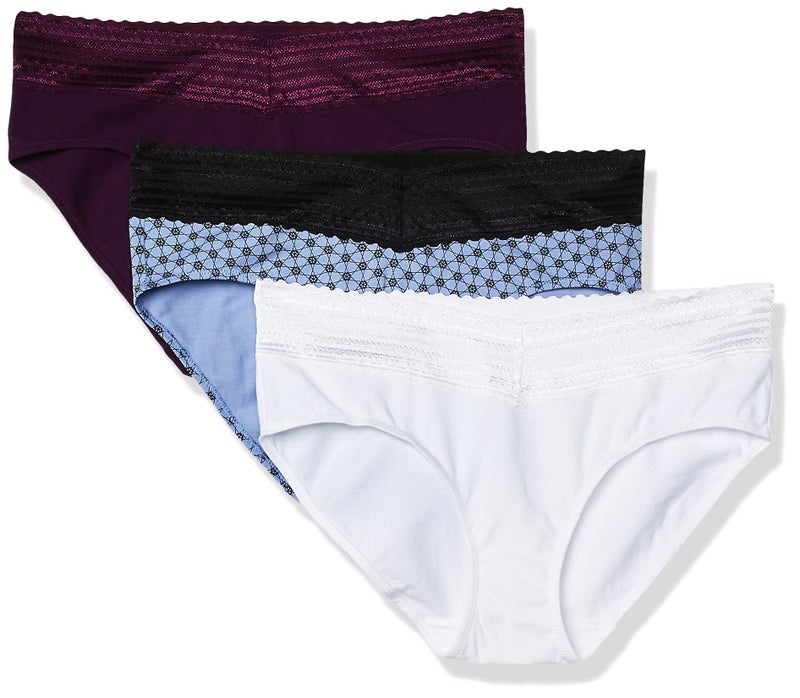 Warner's Women's Blissful Benefits No Muffin Cotton Stretch Lace Hipster Panties Multipack, Plumberry/White/Holiday Print, 3XL - Image 1